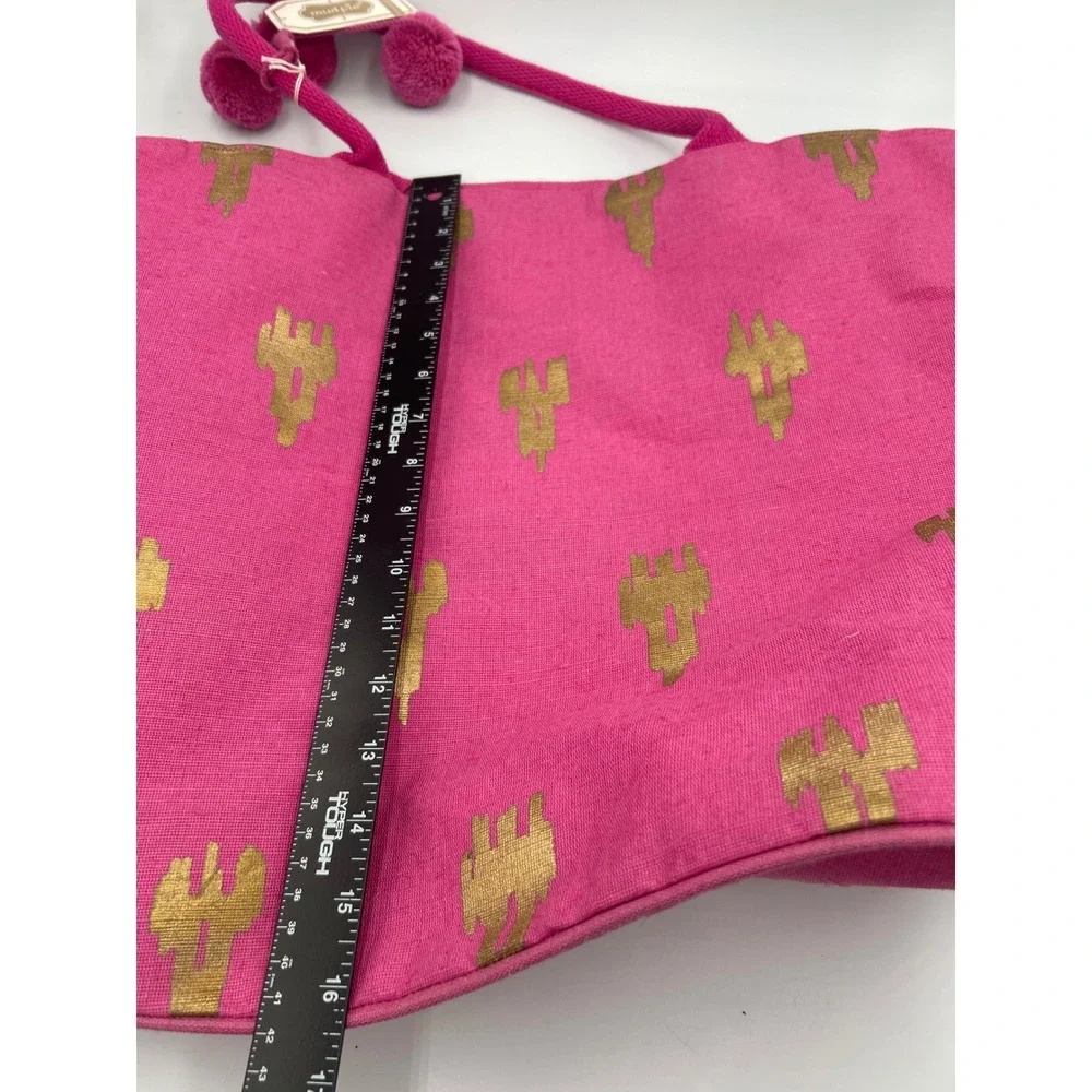 Mud Pie Pink Gold Ikat Cactus Jute Tote Bag Pom Pom Beach Summer Travel Bag NWT